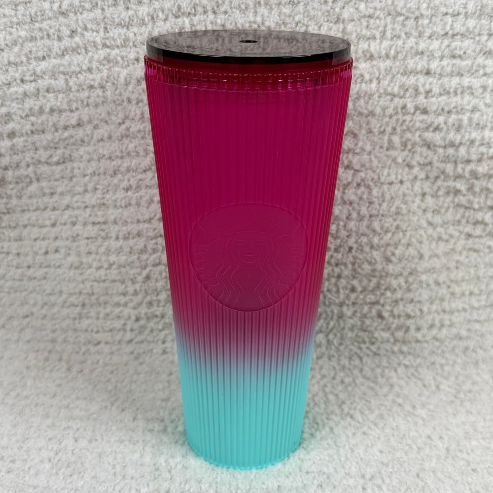 Starbucks 24 oz Tumbler Cold Cup Ombre Pink Teal‎ Ribbed Venti Travel NO STRAW